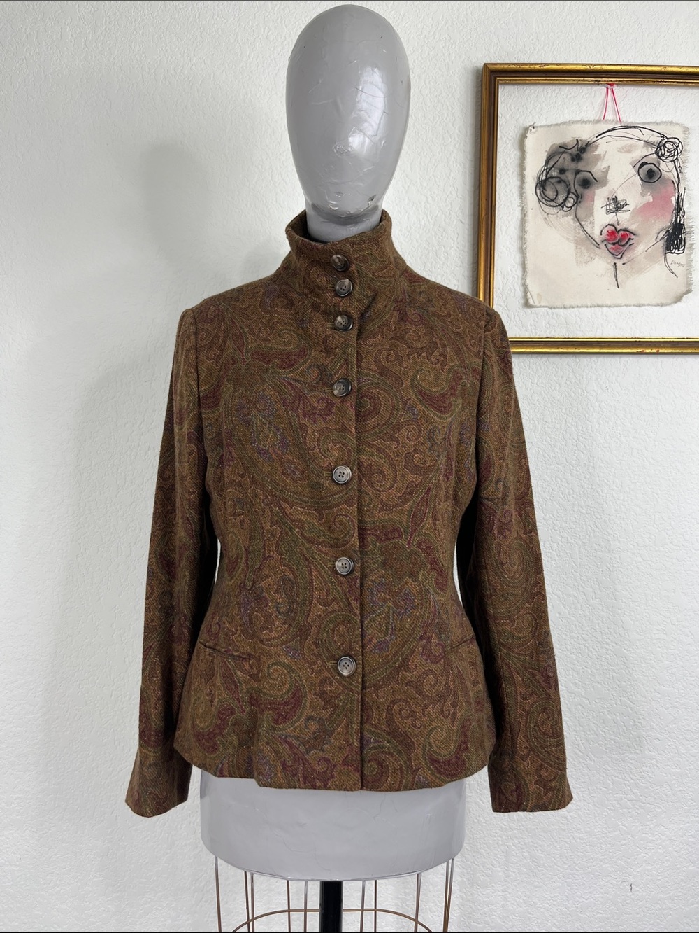 Ralph Lauren Black Label Tailored Paisley Wool Metallic High Neck Blazer Coat